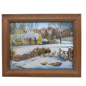 Vintage Foil Etched FJ Warren Landscape Art Print 8x10" Wood Framed England Snow